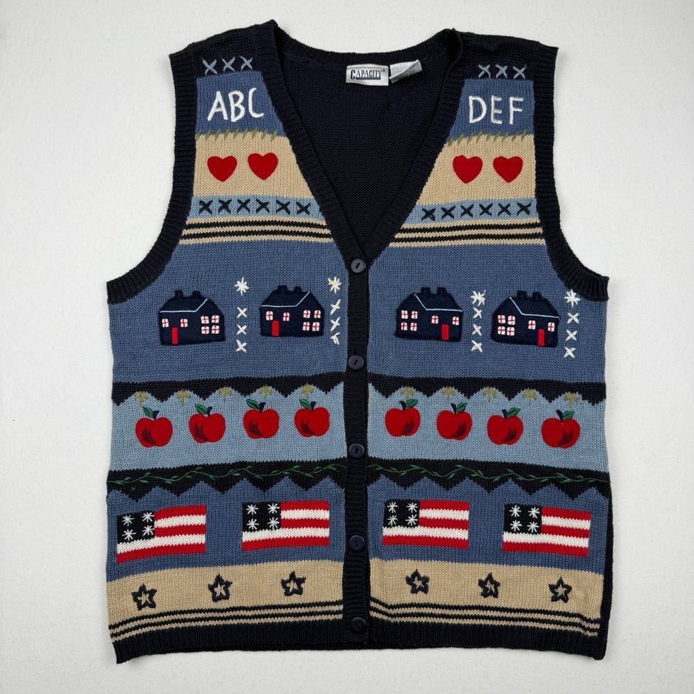 Capacity Vintage Americana Teacher School Sweater Vest Blue Grandmacore Hearts